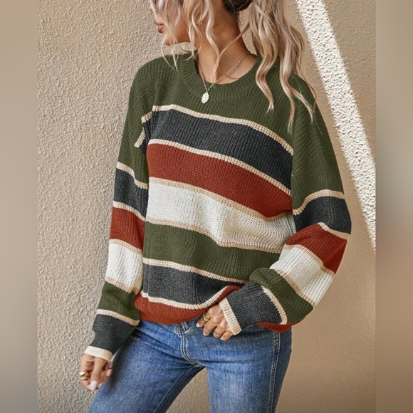 New Oversize Casual Multi Stripe Loose Sweater Top Green Rust Cream - Picture 2 of 8